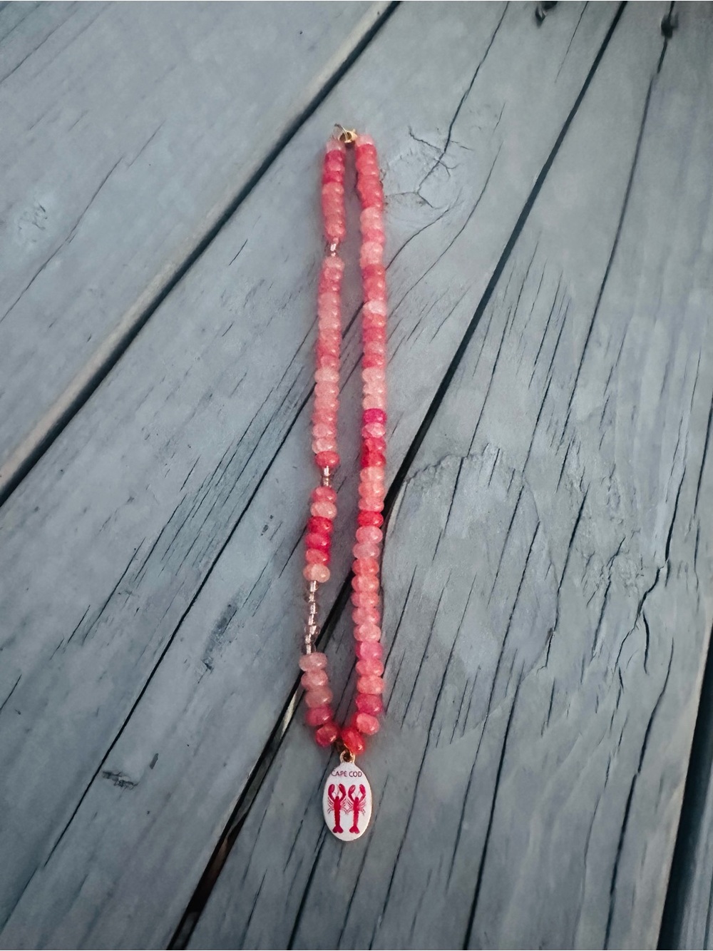 Pink Faceted Bead Necklace with Lobster Charm Pendant